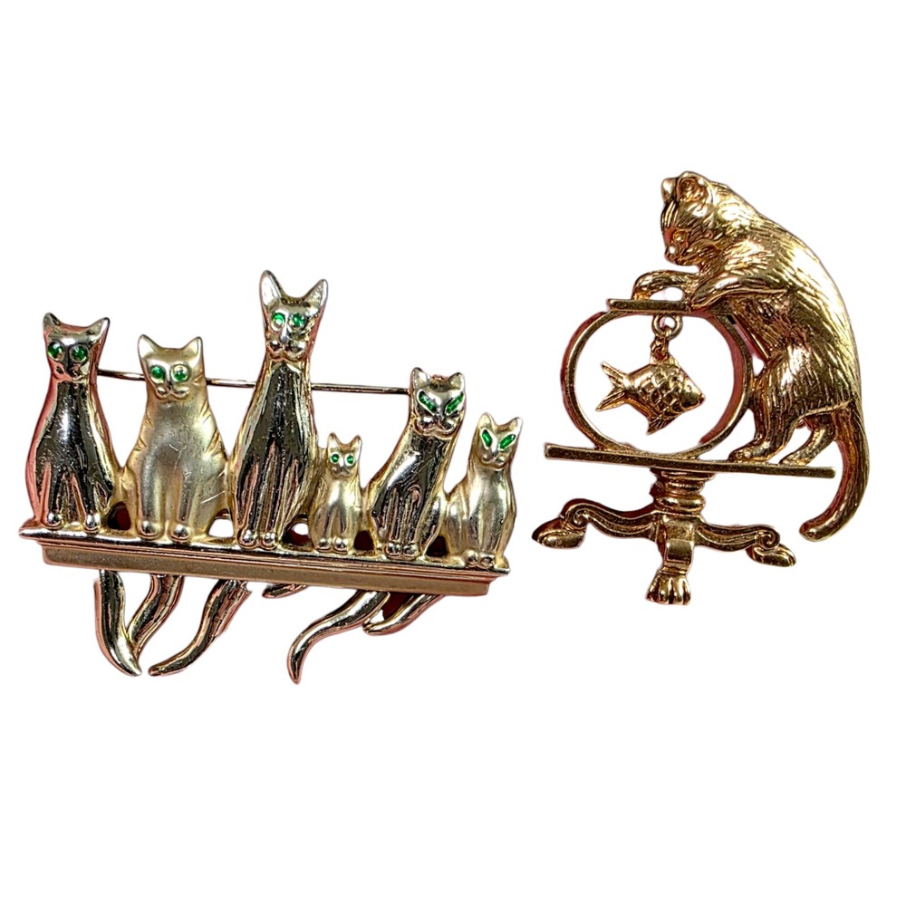 Vintage Avon 1994 Cat Fishbowl & CAJC Moving Tail Cats Brooch Pin Set Gold Tone